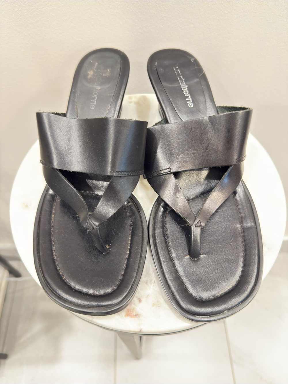 Vintage Liz Claiborne- Halston Heritage Black Leather Thong Slide Sandals